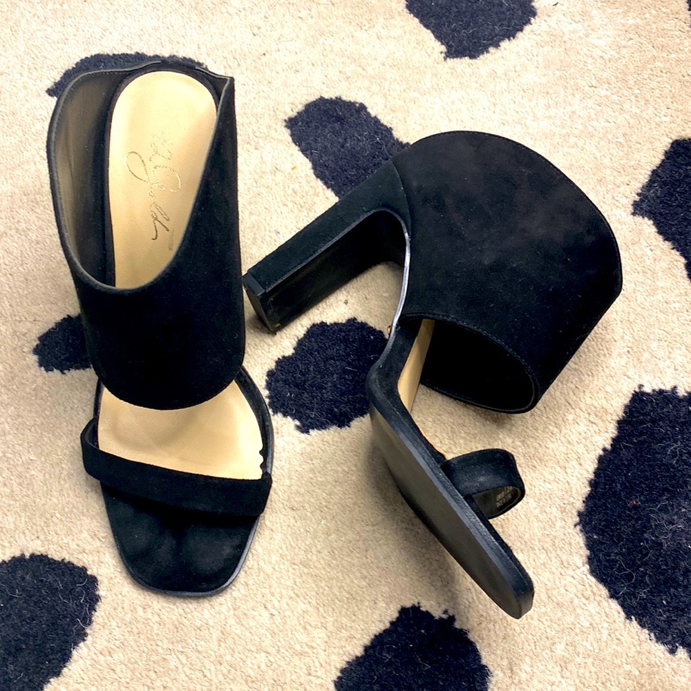 Black suede heels with square heel